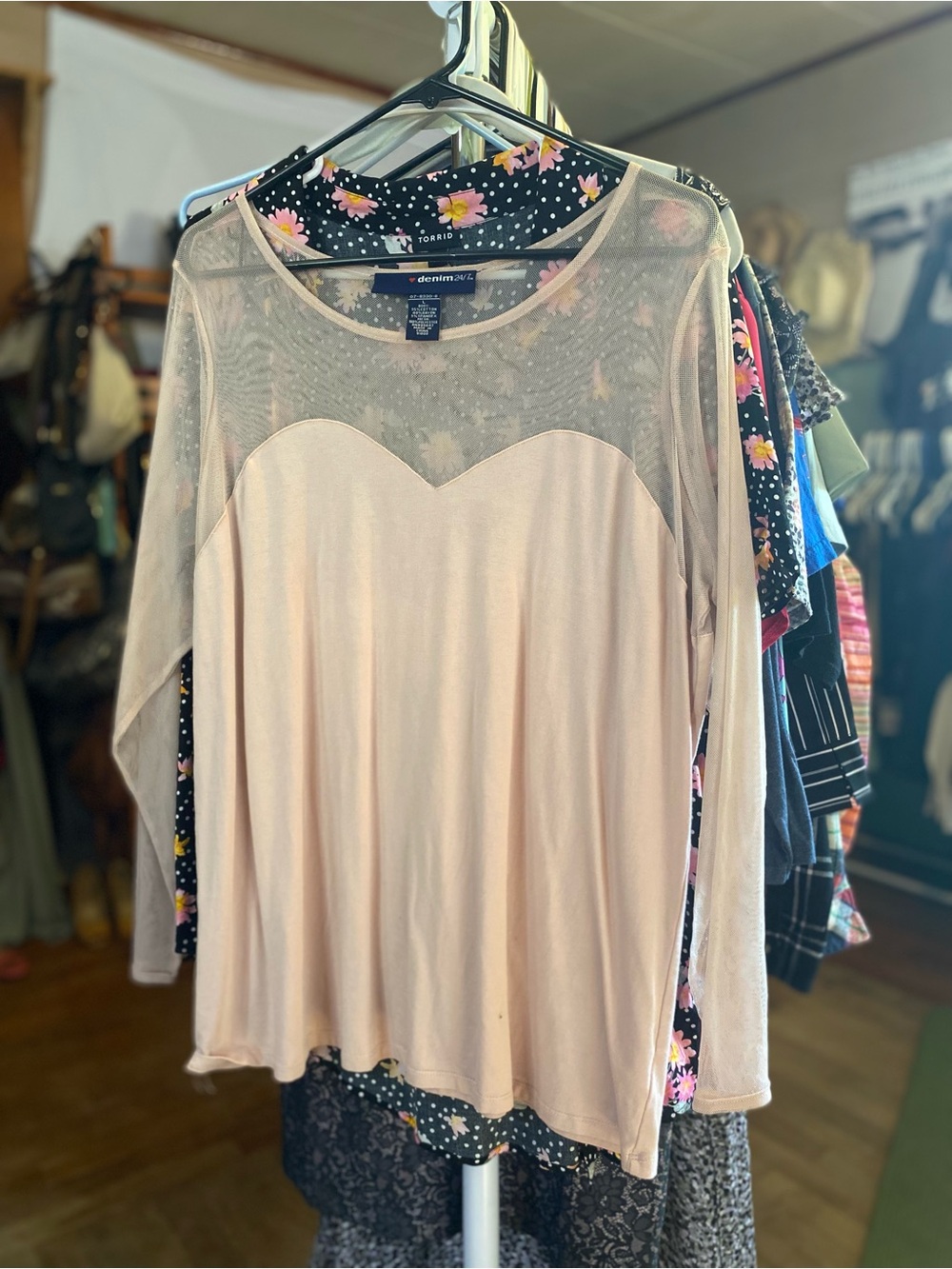 Denim 24/7 Blush Pink Long-Sleeve Mesh Yoke Top